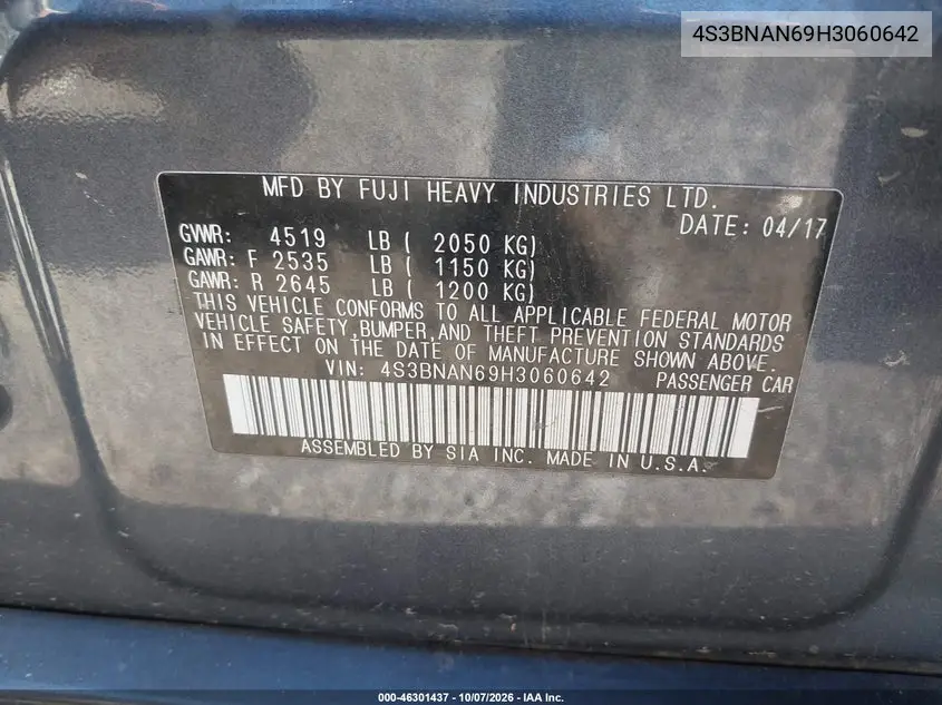 2017 SUBARU LEGACY VIN 4S3BNAN69H3060642 — фото 9