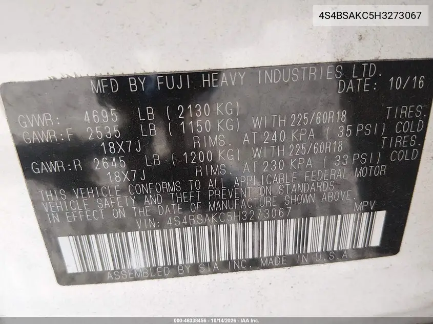 2017 SUBARU OUTBACK VIN 4S4BSAKC5H3273067 — фото 9