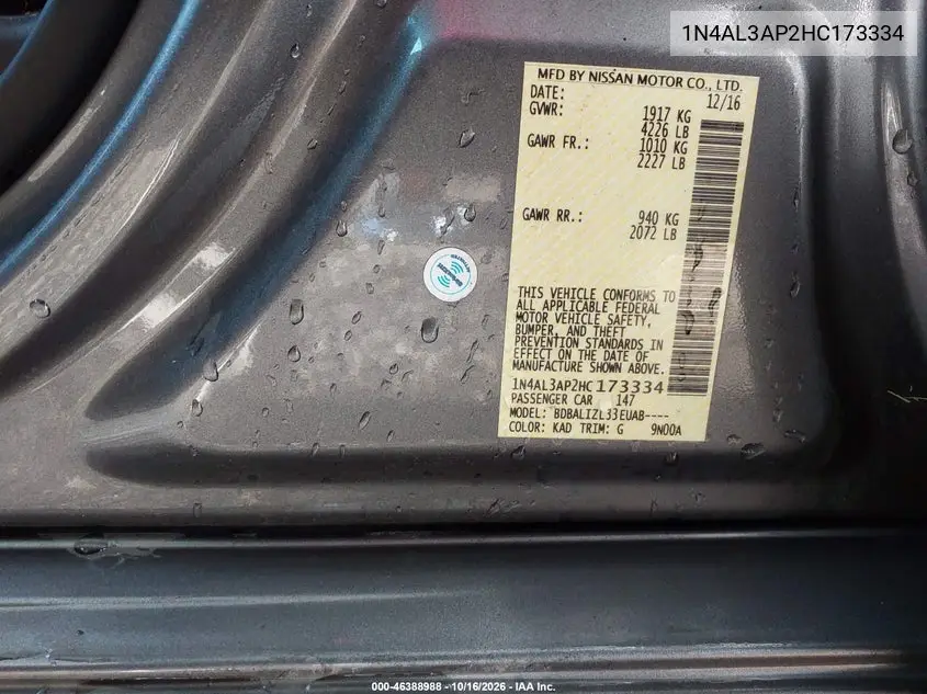 2017 NISSAN ALTIMA VIN 1N4AL3AP2HC173334 — фото 9