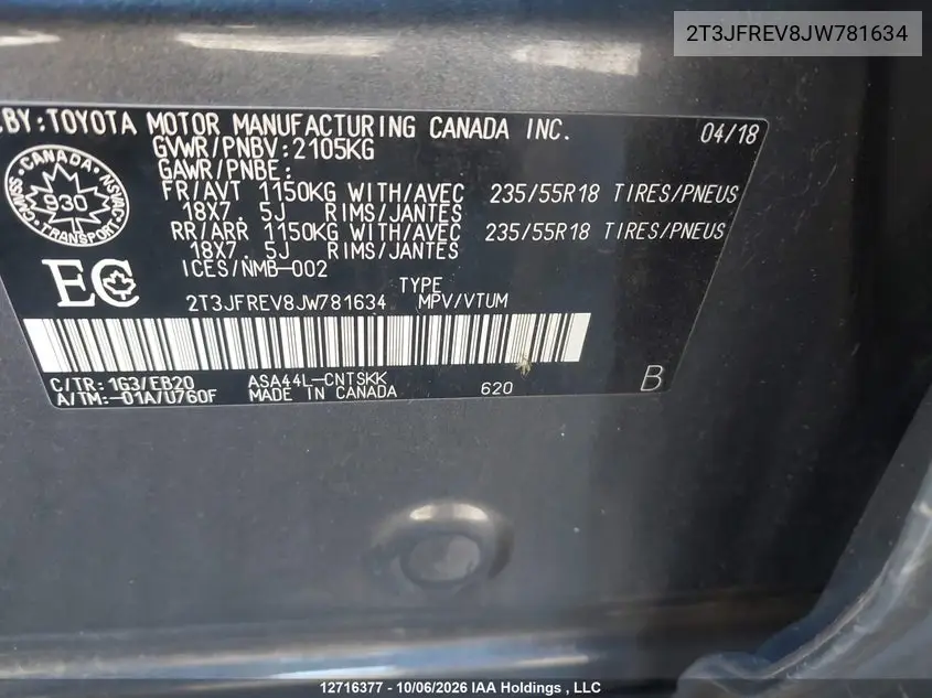 2018 TOYOTA RAV 4 VIN 2T3JFREV8JW781634 — фото 9