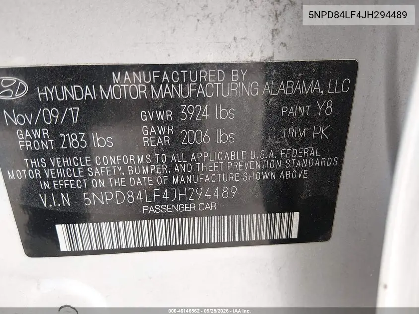 2018 HYUNDAI ELANTRA VIN 5NPD84LF4JH294489 — фото 9