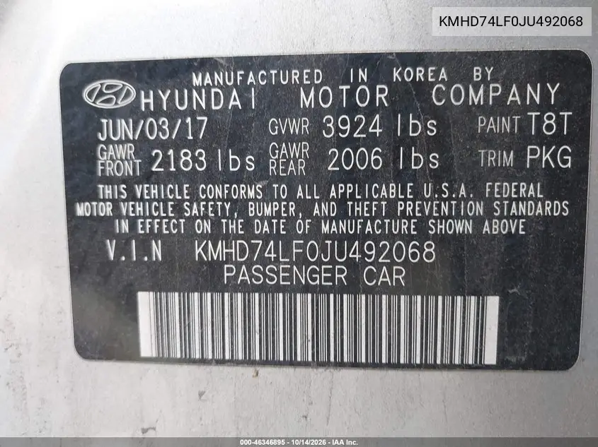 2018 HYUNDAI ELANTRA VIN KMHD74LF0JU492068 — фото 9