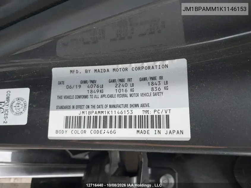 2019 MAZDA 3 VIN JM1BPAMM1K1146153 — фото 18