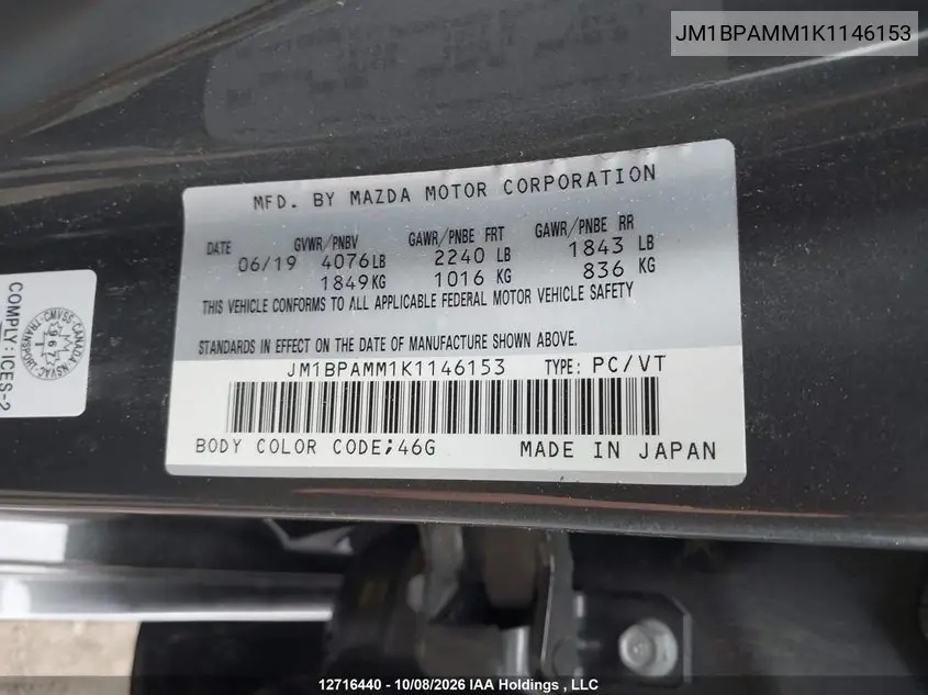 2019 MAZDA 3 VIN JM1BPAMM1K1146153 — фото 9