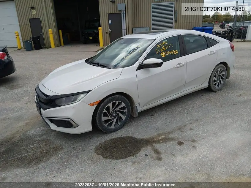 2019 HONDA CIVIC VIN 2HGFC2F70KH014580 — фото 2