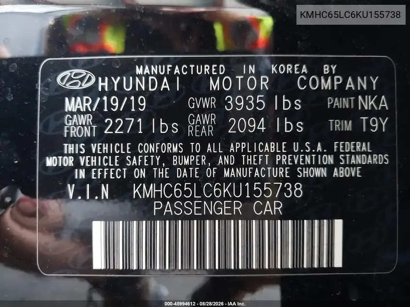 2019 HYUNDAI IONIQ VIN KMHC65LC6KU155738 — фото 9
