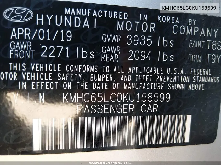 2019 HYUNDAI IONIQ VIN KMHC65LC0KU158599 — фото 9