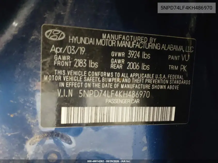 2019 HYUNDAI ELANTRA VIN 5NPD74LF4KH486970 — фото 9