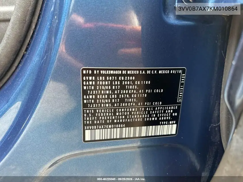 2019 VOLKSWAGEN TIGUAN VIN 3VV0B7AX7KM010864 — фото 9