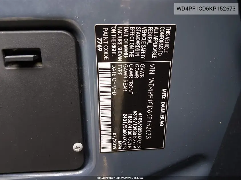 2019 MERCEDES SPRINTER VIN WD4PF1CD6KP152673 — фото 9