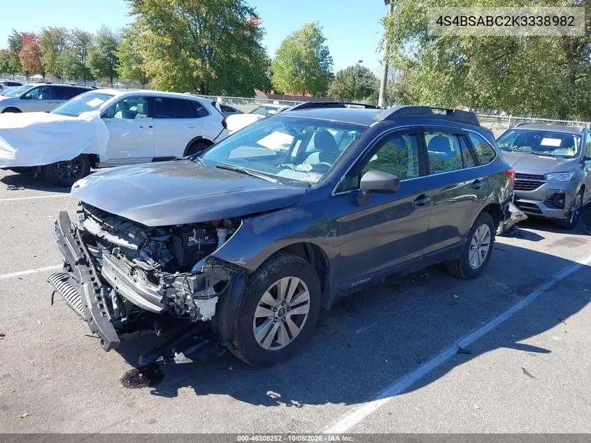 2019 SUBARU OUTBACK VIN 4S4BSABC2K3338982 — фото 2
