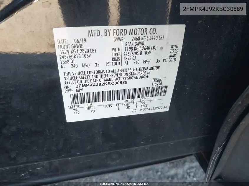 2019 FORD EDGE VIN 2FMPK4J92KBC30889 — фото 9