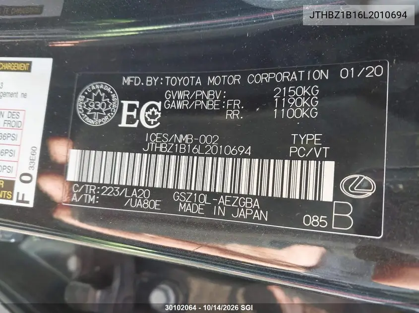 2020 LEXUS ES VIN JTHBZ1B16L2010694 — фото 9