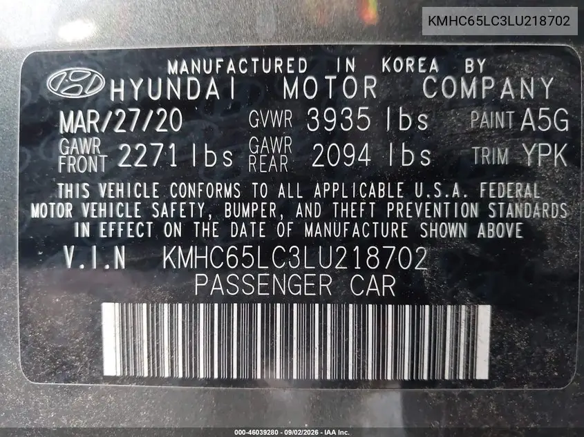 2020 HYUNDAI IONIQ VIN KMHC65LC3LU218702 — фото 9