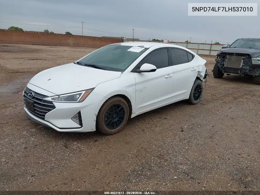 2020 HYUNDAI ELANTRA VIN 5NPD74LF7LH537010 — фото 2