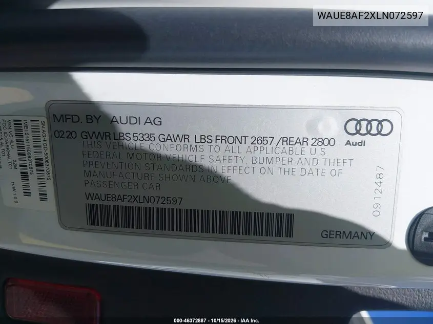 2020 AUDI A6 VIN WAUE8AF2XLN072597 — фото 9