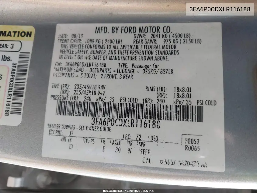 2020 FORD FUSION VIN 3FA6P0CDXLR116188 — фото 9