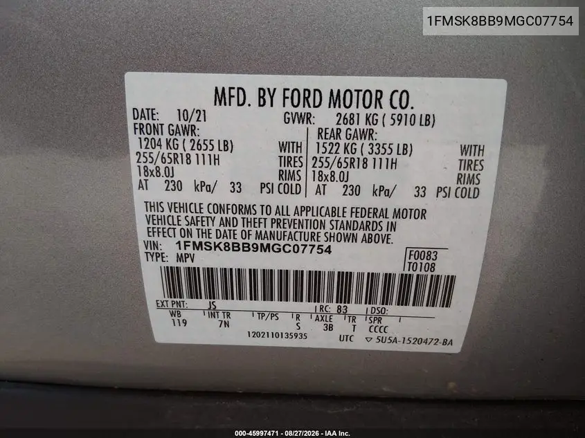 2021 FORD EXPLORER VIN 1FMSK8BB9MGC07754 — фото 9