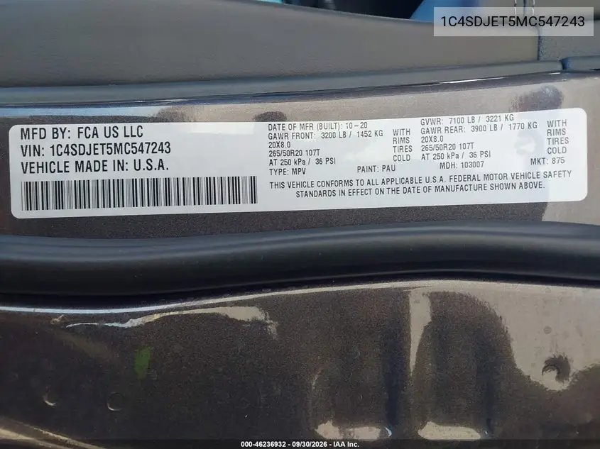 2021 DODGE DURANGO VIN 1C4SDJET5MC547243 — фото 9