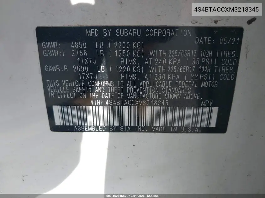 2021 SUBARU OUTBACK VIN 4S4BTACCXM3218345 — фото 9