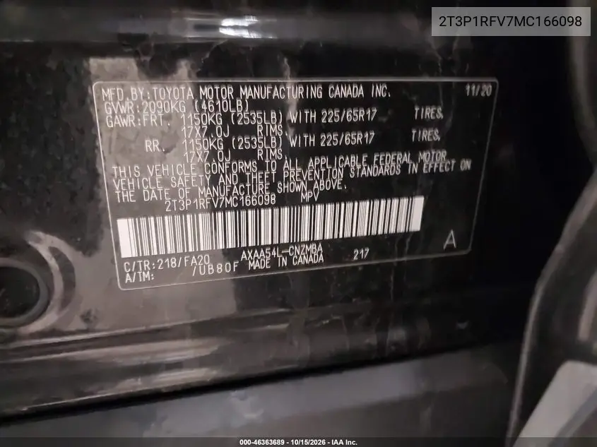 2021 TOYOTA RAV 4 VIN 2T3P1RFV7MC166098 — фото 9