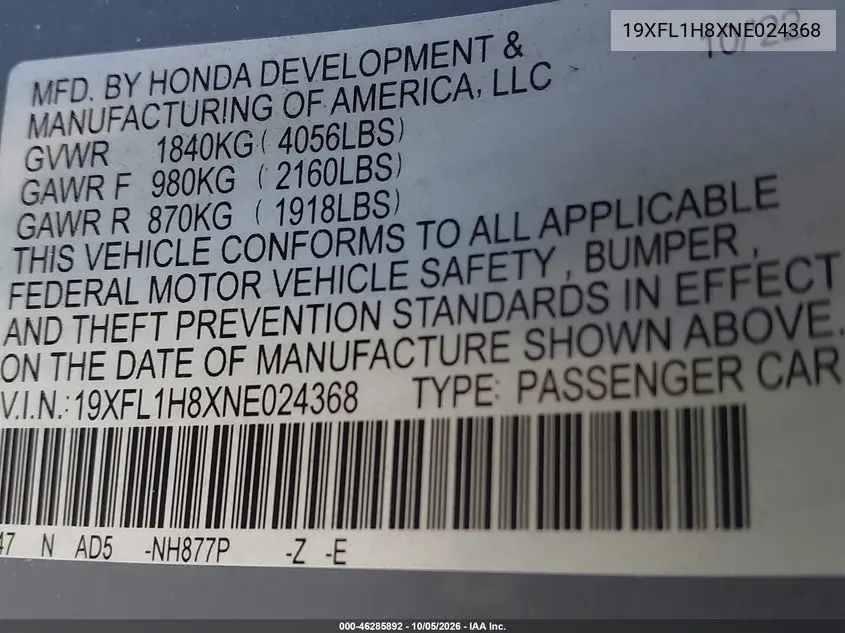 2022 HONDA CIVIC VIN 19XFL1H8XNE024368 — фото 9