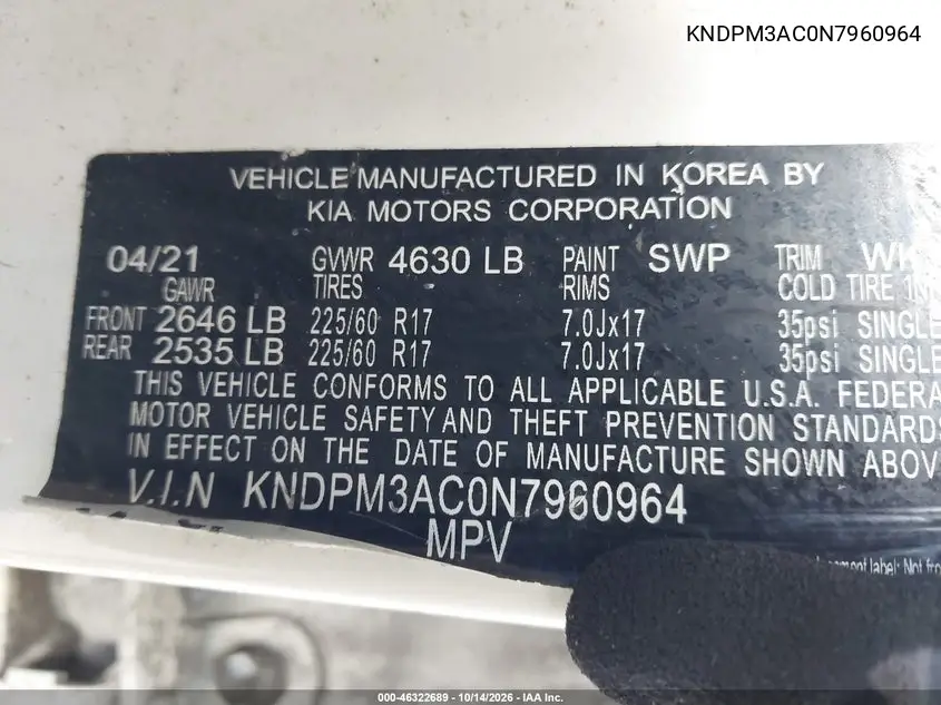 2022 KIA SPORTAGE VIN KNDPM3AC0N7960964 — фото 9