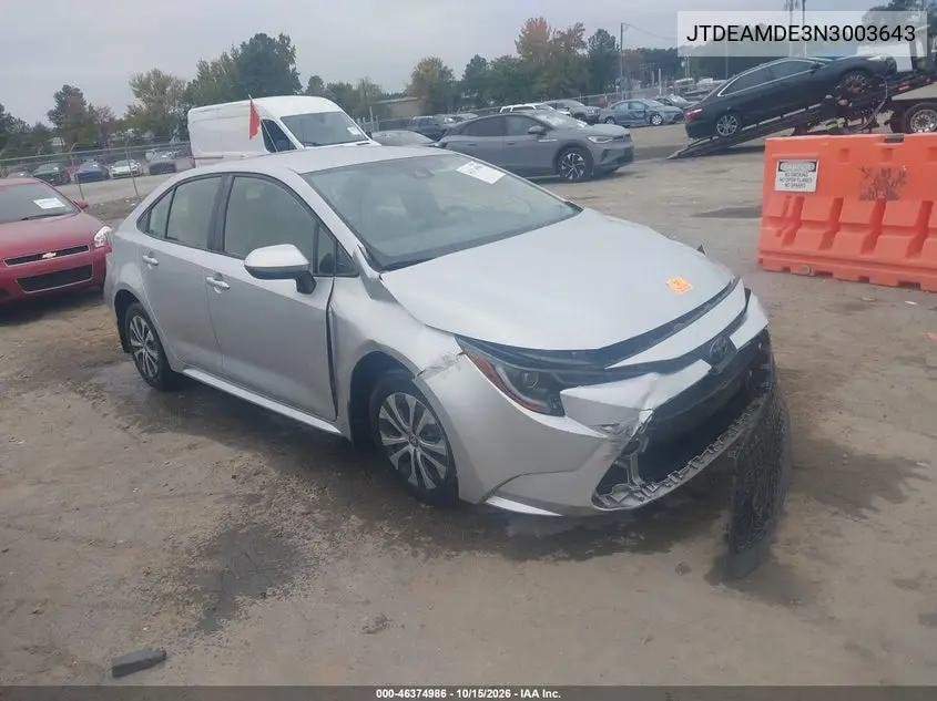 TOYOTA COROLLA 2022, VIN JTDEAMDE3N3003643