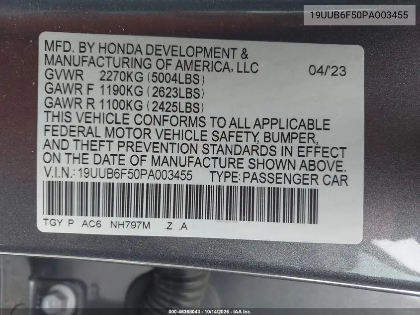 2023 ACURA TLX VIN 19UUB6F50PA003455 — фото 9