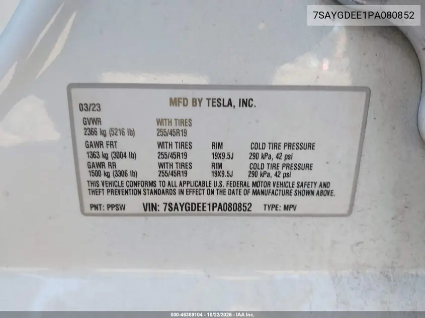 2023 TESLA MODEL Y VIN 7SAYGDEE1PA080852 — фото 9