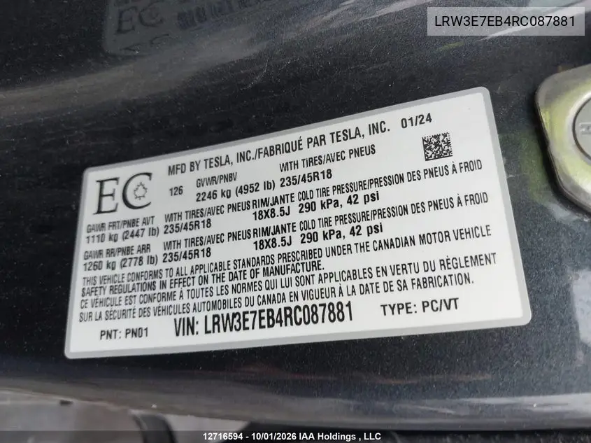 2024 TESLA MODEL 3 VIN LRW3E7EB4RC087881 — фото 9