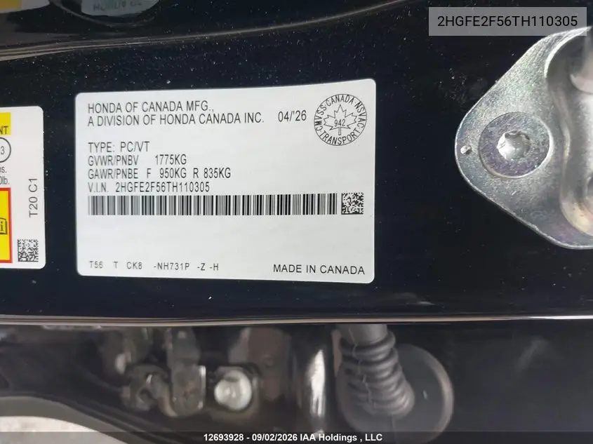 2026 HONDA CIVIC VIN 2HGFE2F56TH110305 — фото 9