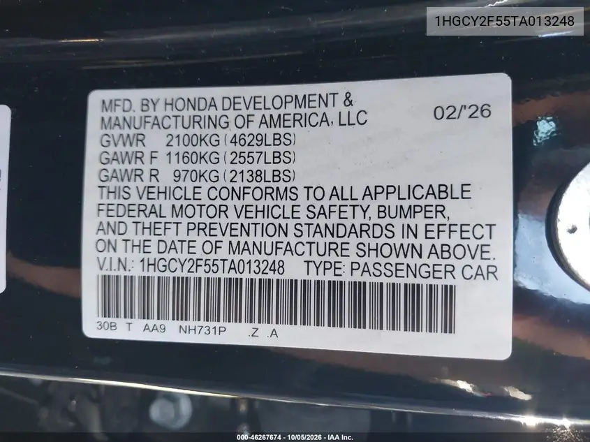 2026 HONDA ACCORD VIN 1HGCY2F55TA013248 — фото 9