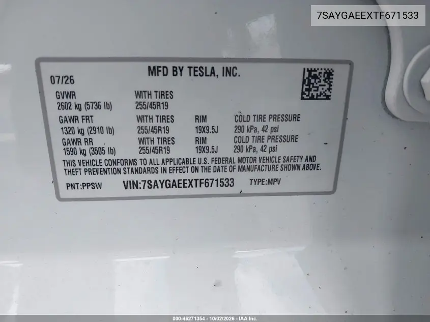 2026 TESLA MODEL Y VIN 7SAYGAEEXTF671533 — фото 9