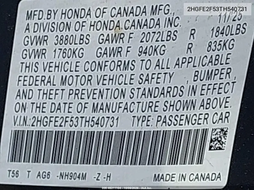 2026 HONDA CIVIC VIN 2HGFE2F53TH540731 — фото 9