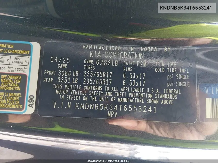 KIA CARNIVAL 2026, VIN KNDNB5K34T6553241