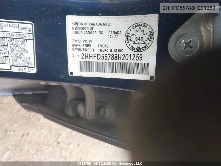2008 ACURA CSX VIN 2HHFD56788H201259 — фото 20