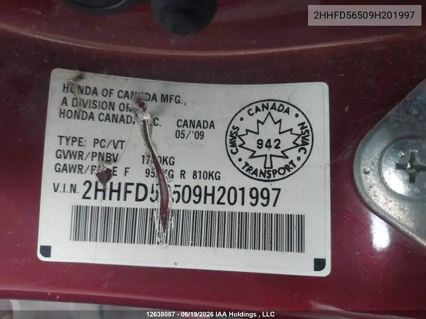 2009 ACURA CSX VIN 2HHFD56509H201997 — фото 18