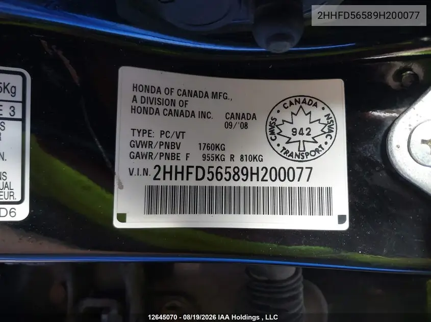 2009 ACURA CSX VIN 2HHFD56589H200077 — фото 19