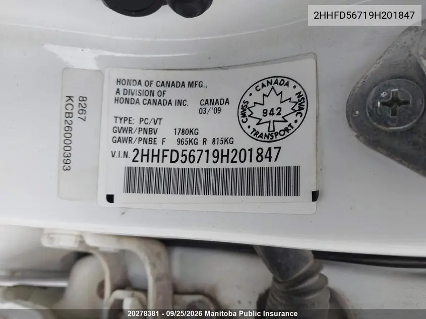 2009 ACURA CSX VIN 2HHFD56719H201847 — фото 8
