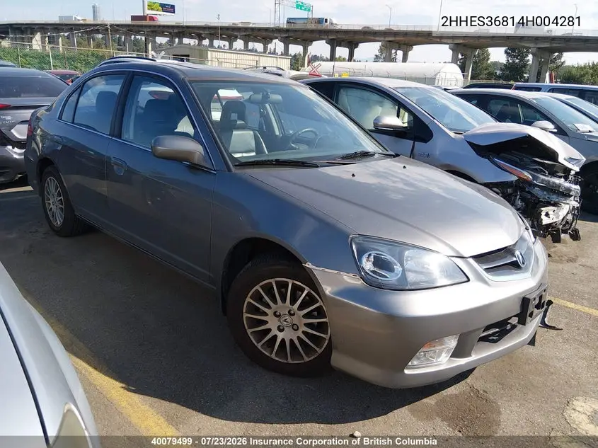ACURA EL 2004, VIN 2HHES36814H004281