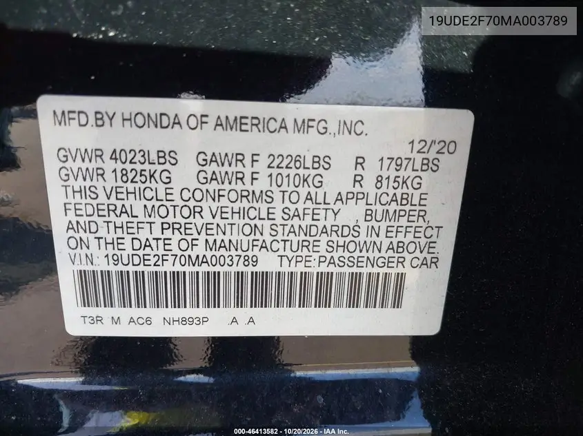 2021 ACURA ILX VIN 19UDE2F70MA003789 — фото 9