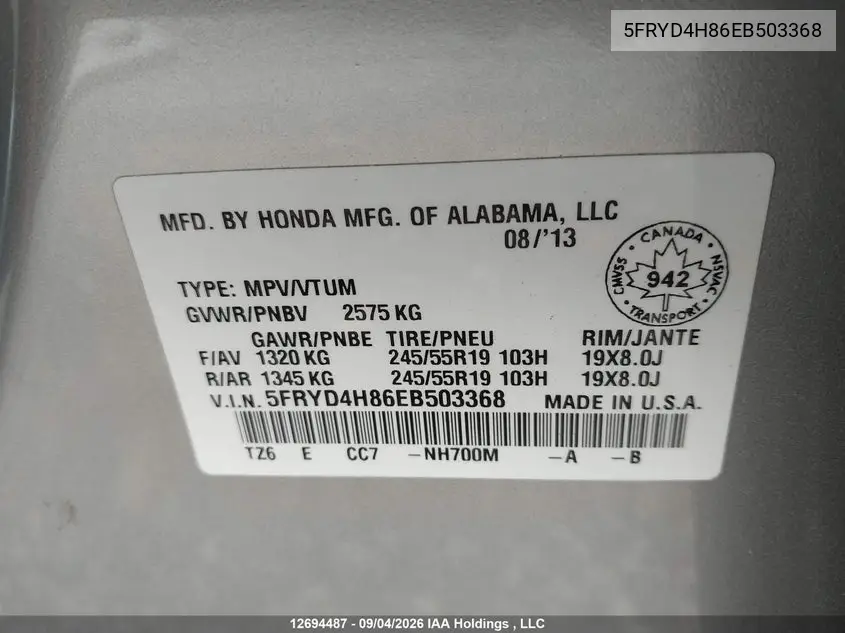2014 ACURA MDX VIN 5FRYD4H86EB503368 — фото 9