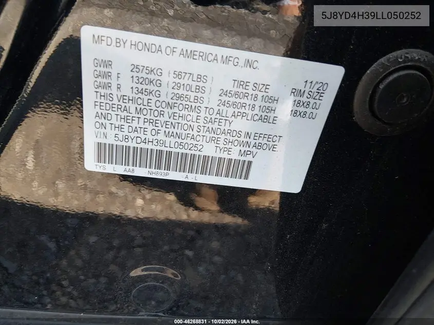 2020 ACURA MDX VIN 5J8YD4H39LL050252 — фото 9