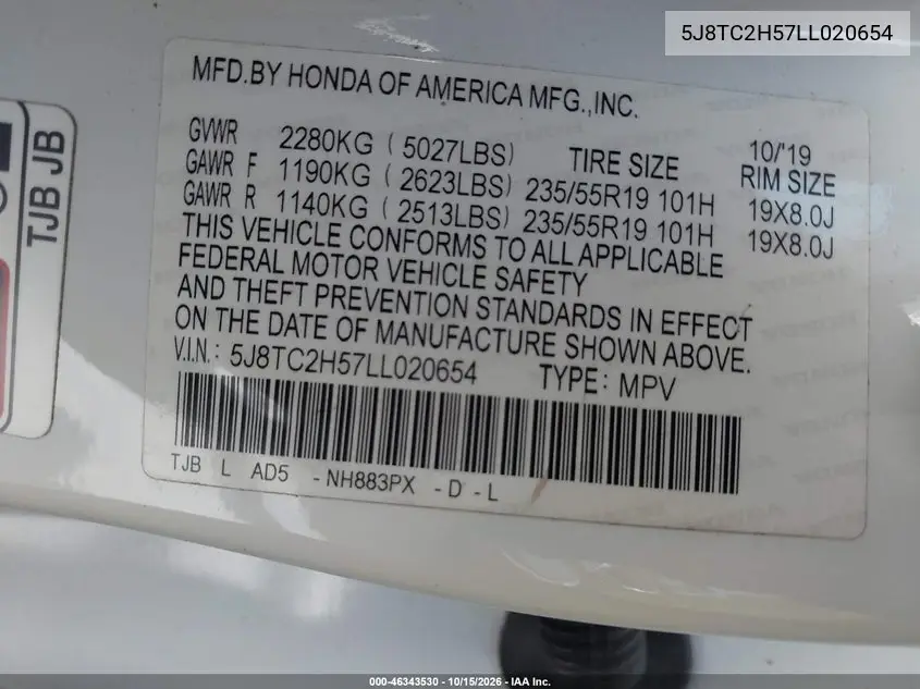 2020 ACURA RDX VIN 5J8TC2H57LL020654 — фото 9