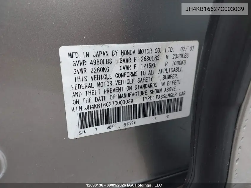 2007 ACURA RL VIN JH4KB16627C003039 — фото 9
