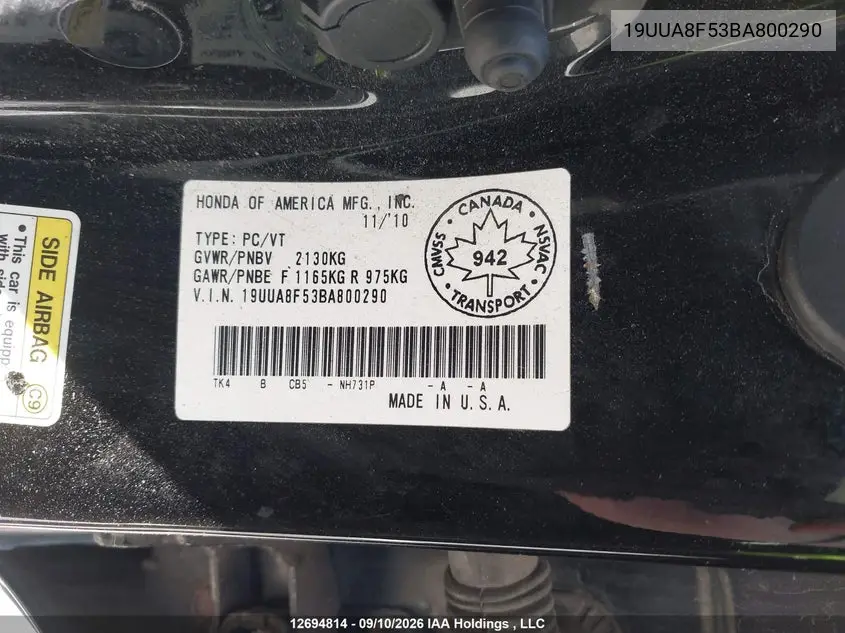2011 ACURA TL VIN 19UUA8F53BA800290 — фото 9