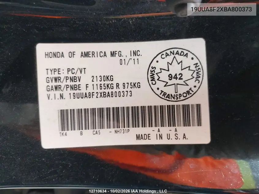 2011 ACURA TL VIN 19UUA8F2XBA800373 — фото 19