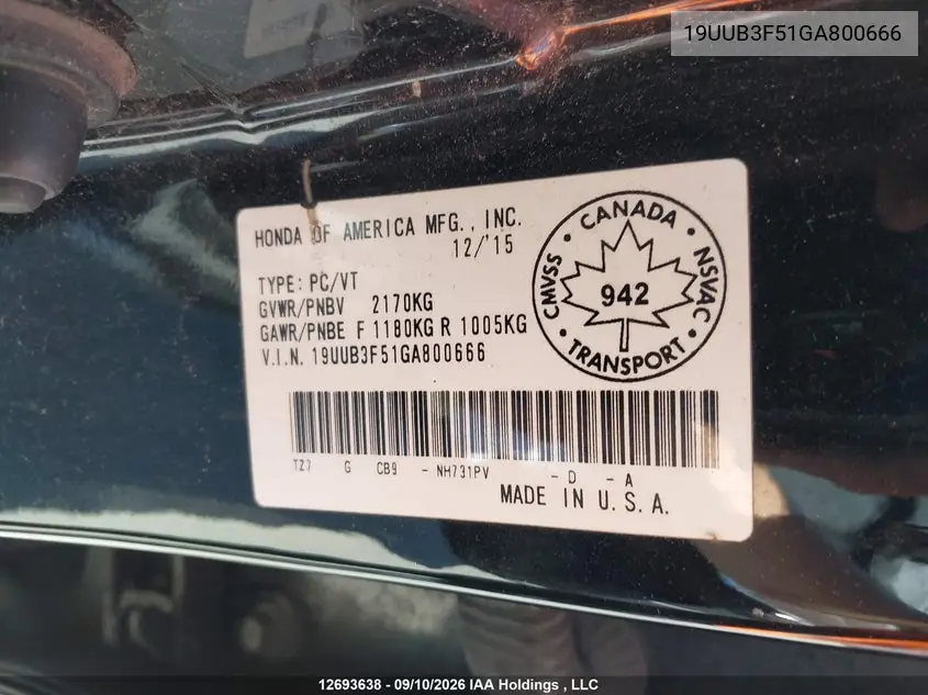 2016 ACURA TLX VIN 19UUB3F51GA800666 — фото 18