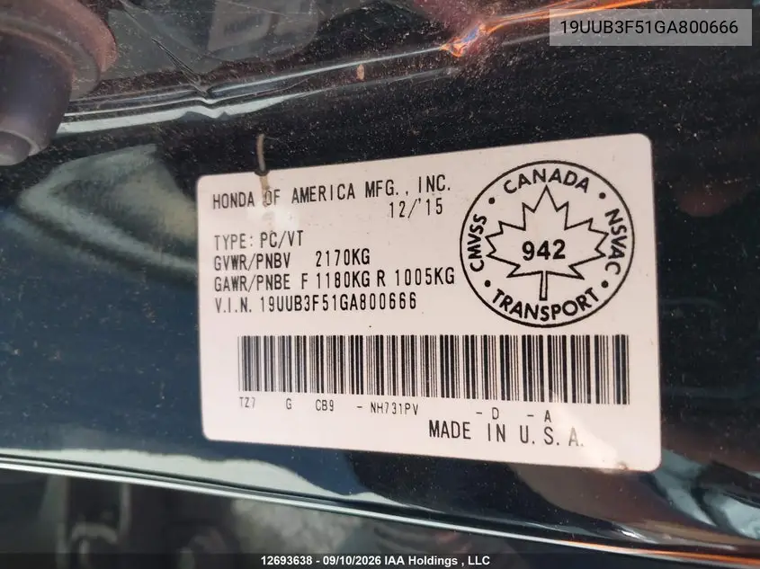 2016 ACURA TLX VIN 19UUB3F51GA800666 — фото 9